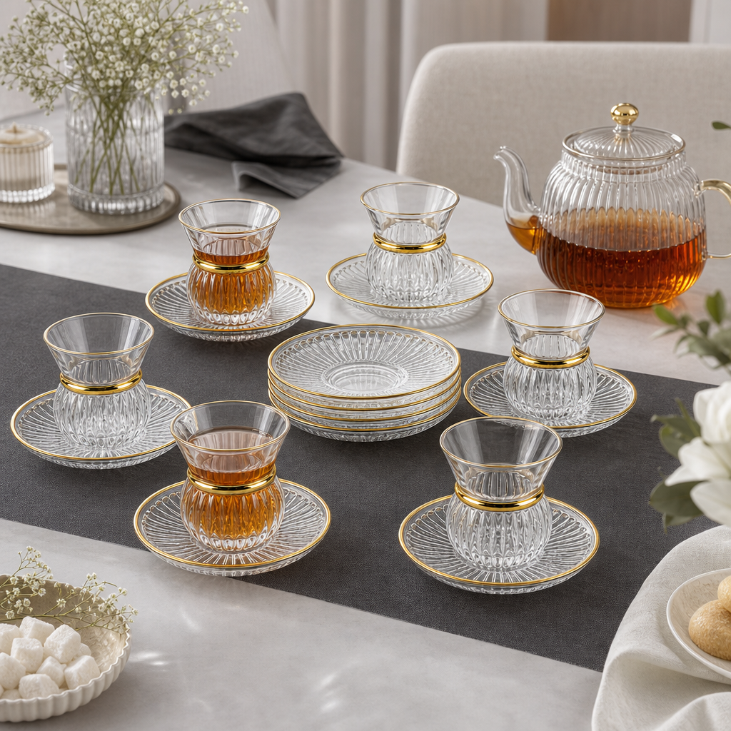 60 Pieces Ribbed Glass Tea Cup and Saucer Set with Gold Rim, 12-Piece Clear Drinkwares Collection