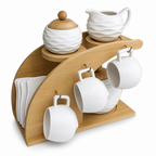 48 Pieces Ceramic Tea and Coffee Set with Wooden Stand, White and Natural Wood, 15 Pieces