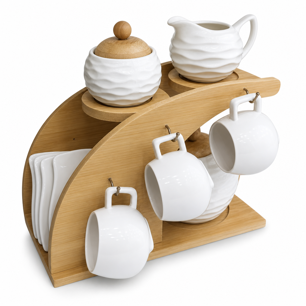 48 Pieces Ceramic Tea and Coffee Set with Wooden Stand, White and Natural Wood, 15 Pieces