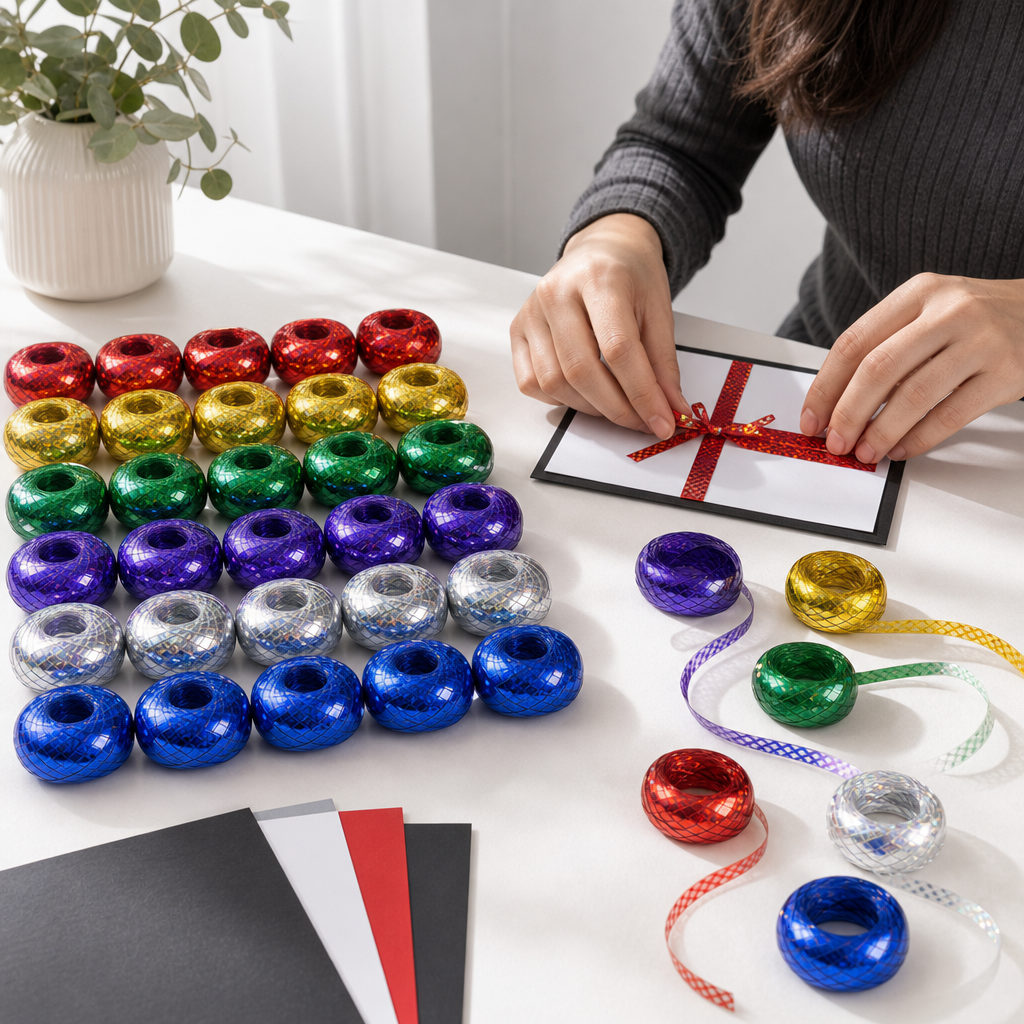 96 Pieces Assorted Colour Laser Ribbon Rolls, 5 mm x 10 m, 24 Rolls for Crafting and Decoration