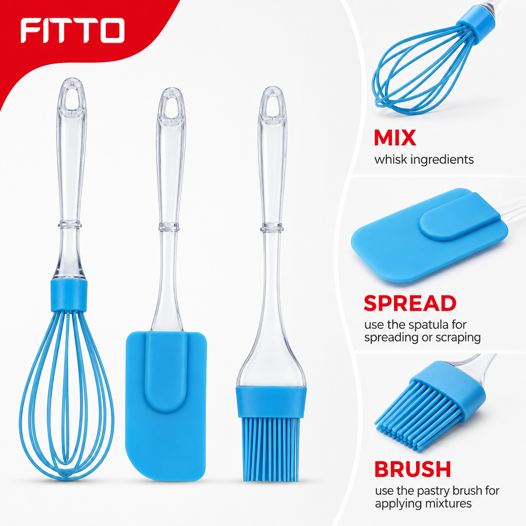 120 Pieces Silicone Baking Utensil Set, 3-Piece, Blue Kitchen Tools for Mixing, Brushing and Spreading