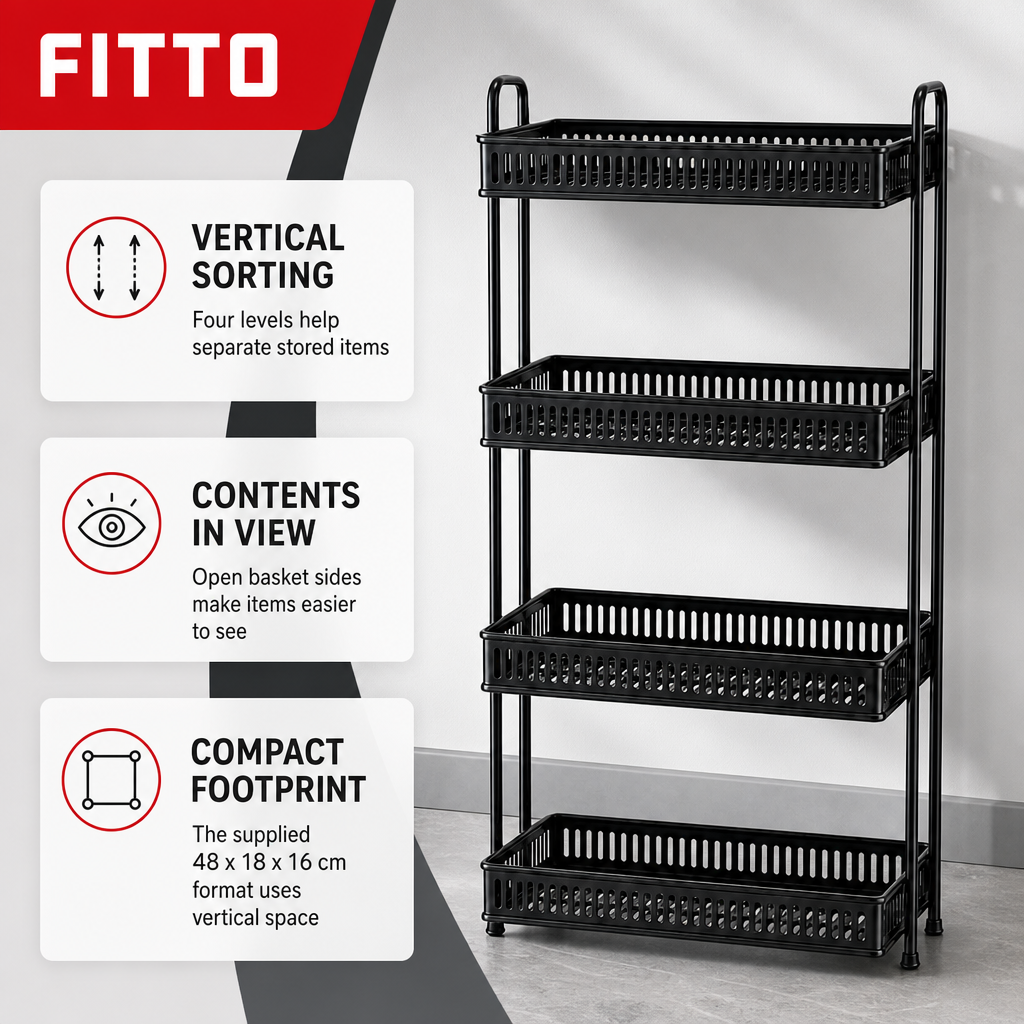 60 Pieces Four-Tier Metal Storage Rack with Ventilated Basket Shelves, Black