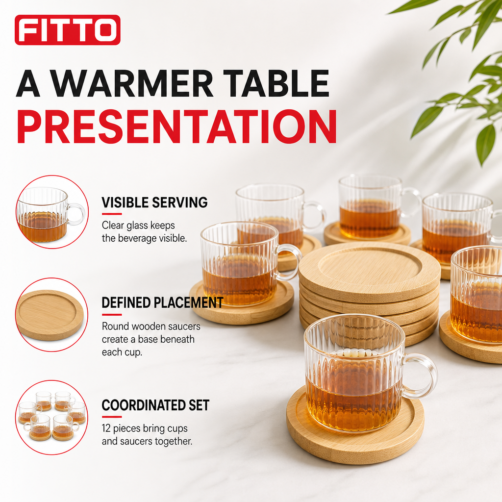 48 Pieces Tea Cup Set with Wooden Saucers, Clear Glass and Natural Wood, 12 Pieces