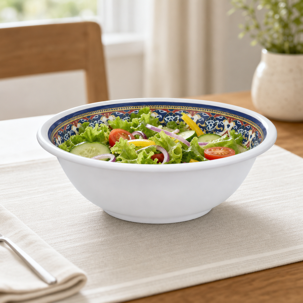 96 Pieces Melamine Salad Bowl, 8 Inch, Decorative Patterned Rim, White