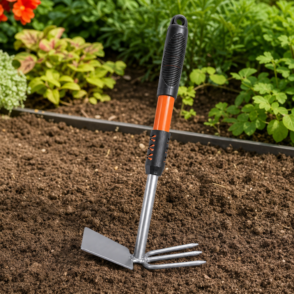 120 Pieces Dual-Head Garden Hand Tools with Flat Hoe Blade and 3-Prong Cultivator Rake, 35 cm, Silver Black Orange