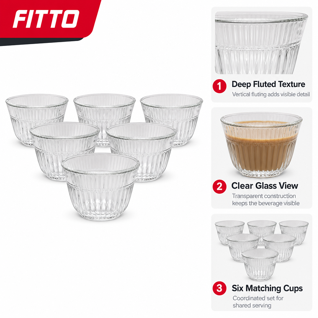 96 Pieces Clear Glass Cawa Cups with Deep Fluted Design, 6-Piece Set