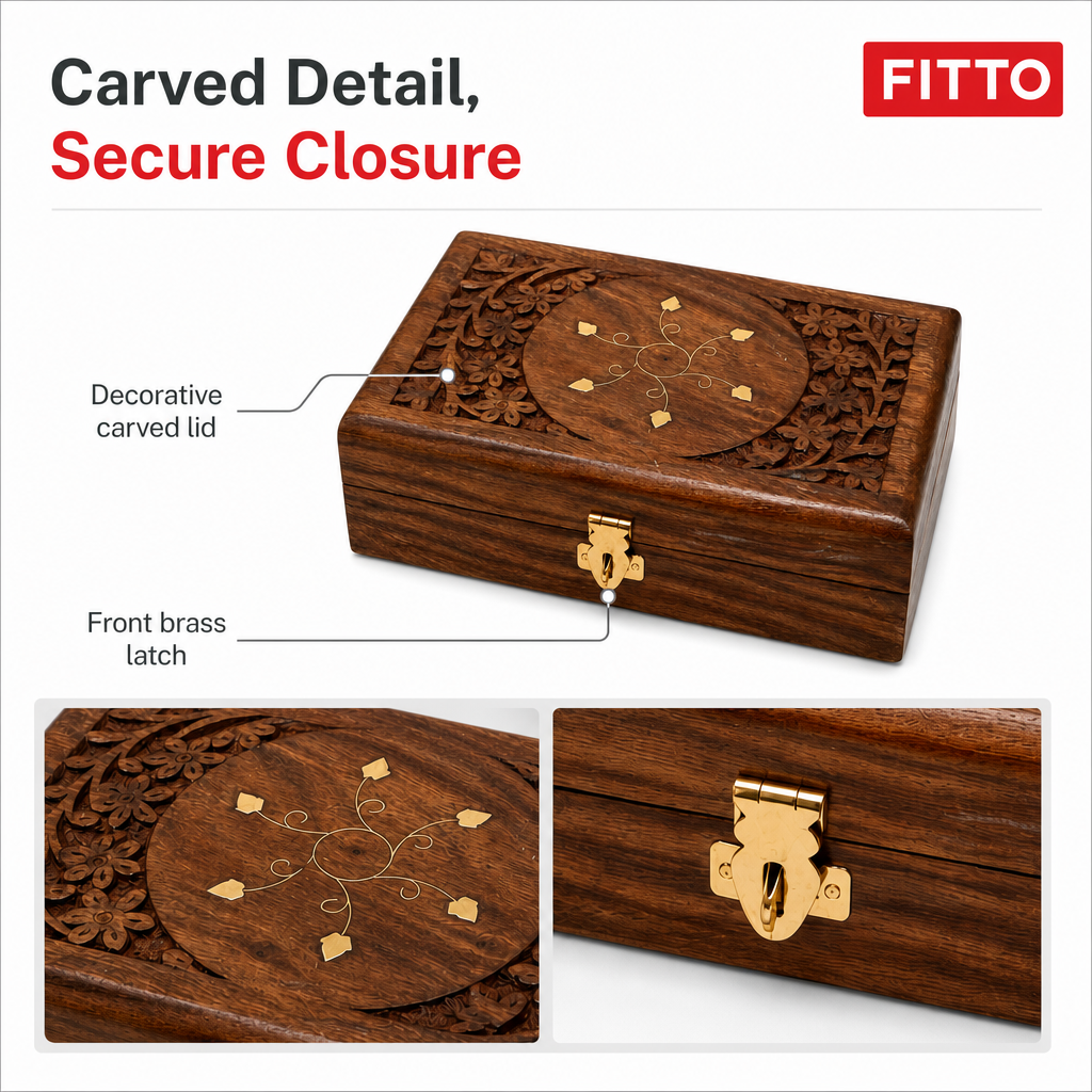96 Pieces Carved Wooden Keepsake Box with Brass Latch, Rectangular Storage Container, 8 x 5 Inch