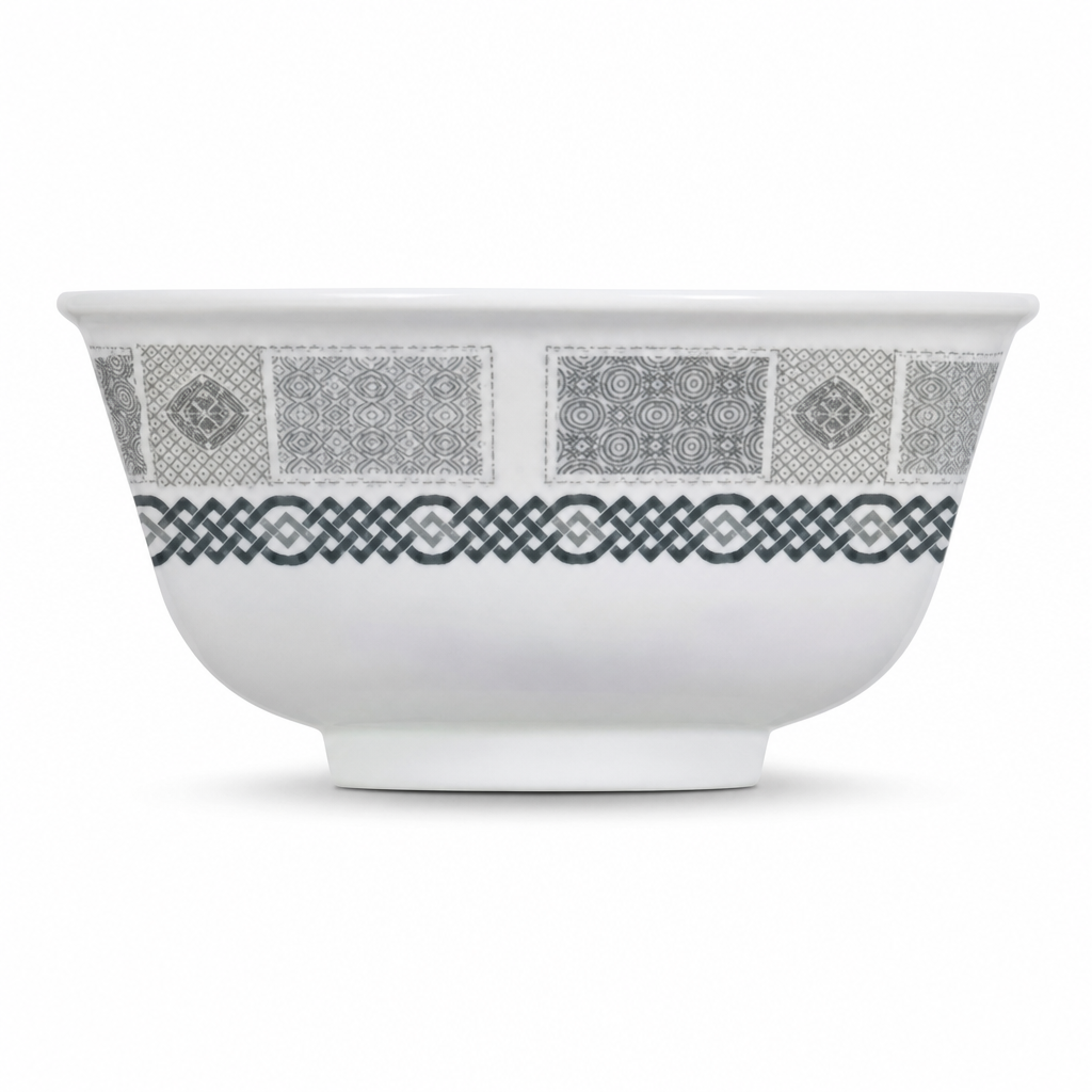 120 Pieces Melamine Rice Bowl, 5 Inch, Grey Geometric Border, Single Bowl