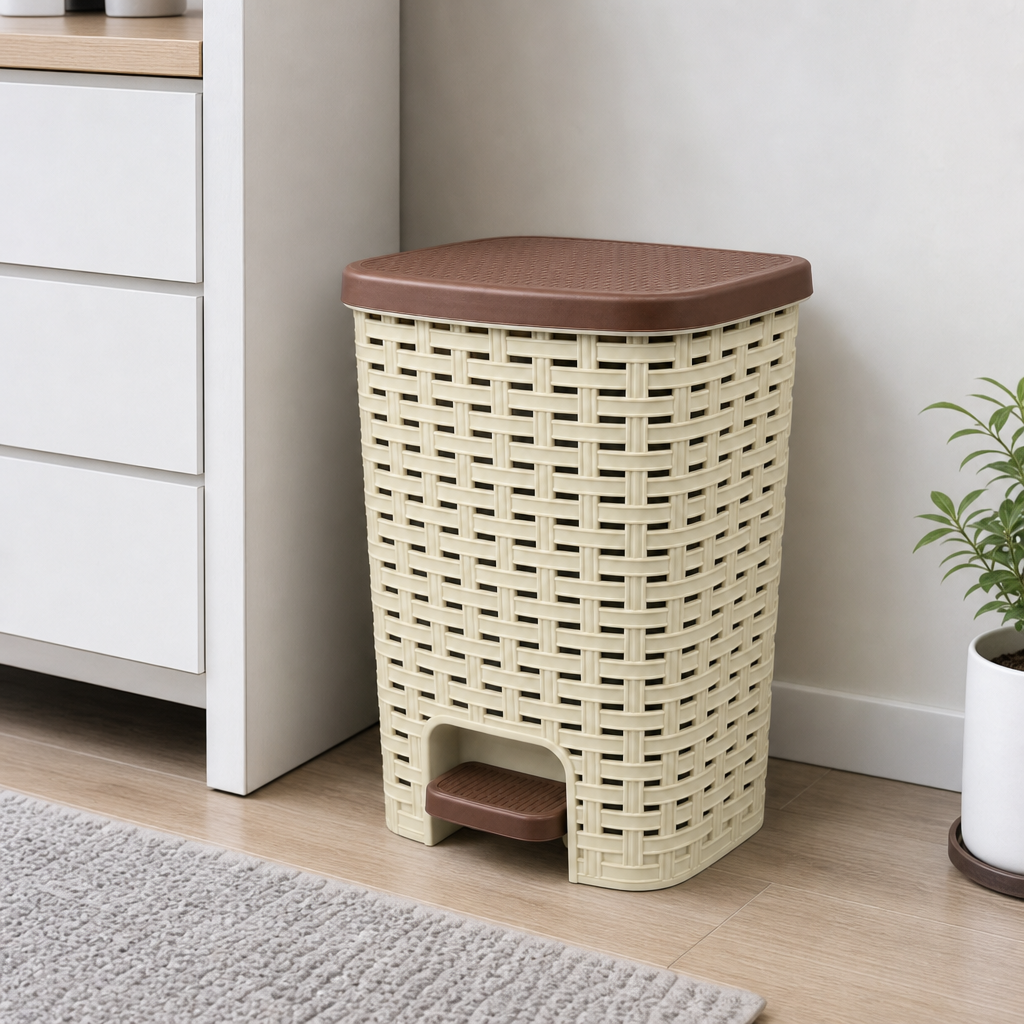 60 Pieces Waste Bins, Cream Plastic Rattan-Style Rectangular Pedal Bin with Brown Lid, 48 x 34 x 30 cm