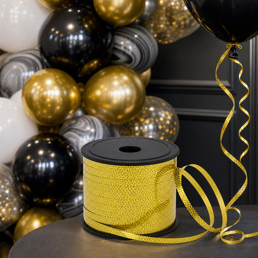 144 Pieces Gold Dotted Balloon Ribbon Roll, 5 mm x 100 yd, Party Decorations Ribbon