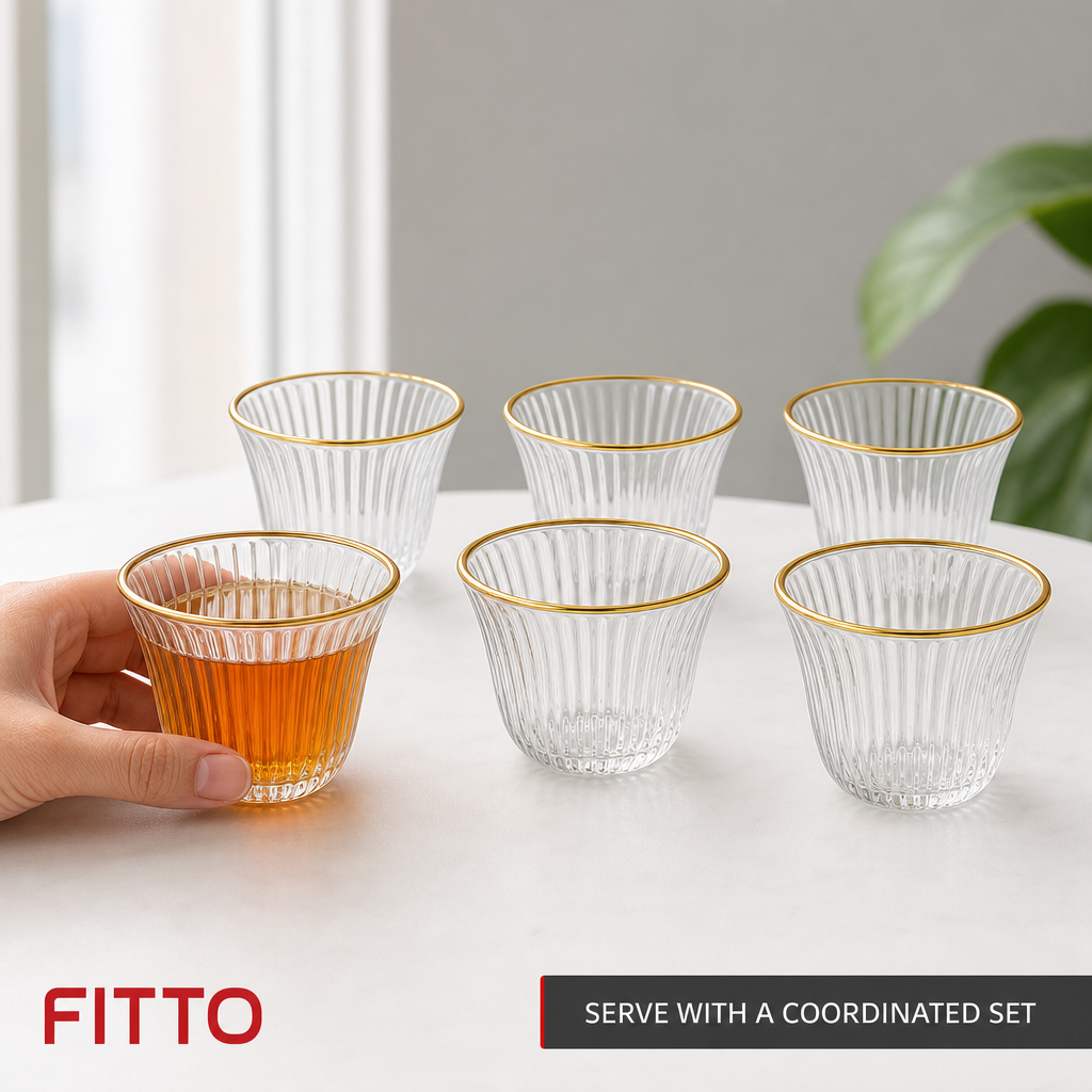 96 Pieces Clear Glass Cawa Cups, Gold-Tone Rims, Fine Ribbed Design, 6-Piece Set