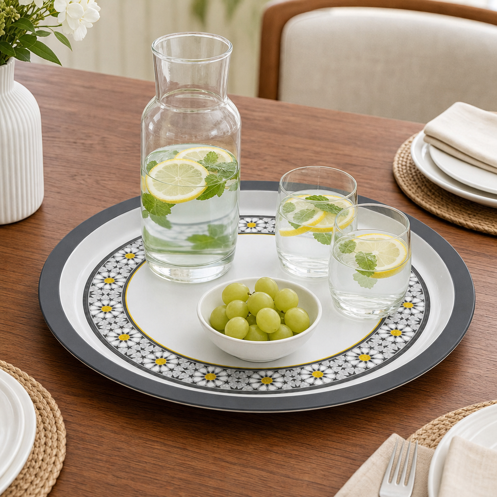96 Pieces Serving Trays, Round Melamine Woven Design, 40 cm, White Floral Pattern