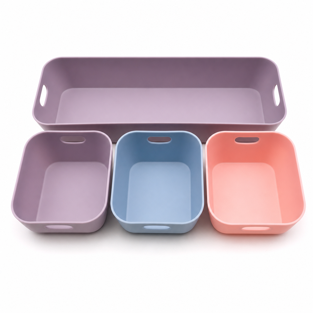 120 Pieces Cosmetic Organizers Tray Set, 4-Piece Mixed Colour Makeup Storage Trays, Long Tray With Three Square Trays