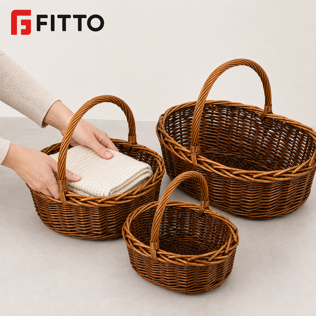 48 Pieces Oval Wicker Basket Sets with Handles, Brown, 3 Piece, 38 x 31 x 20 cm