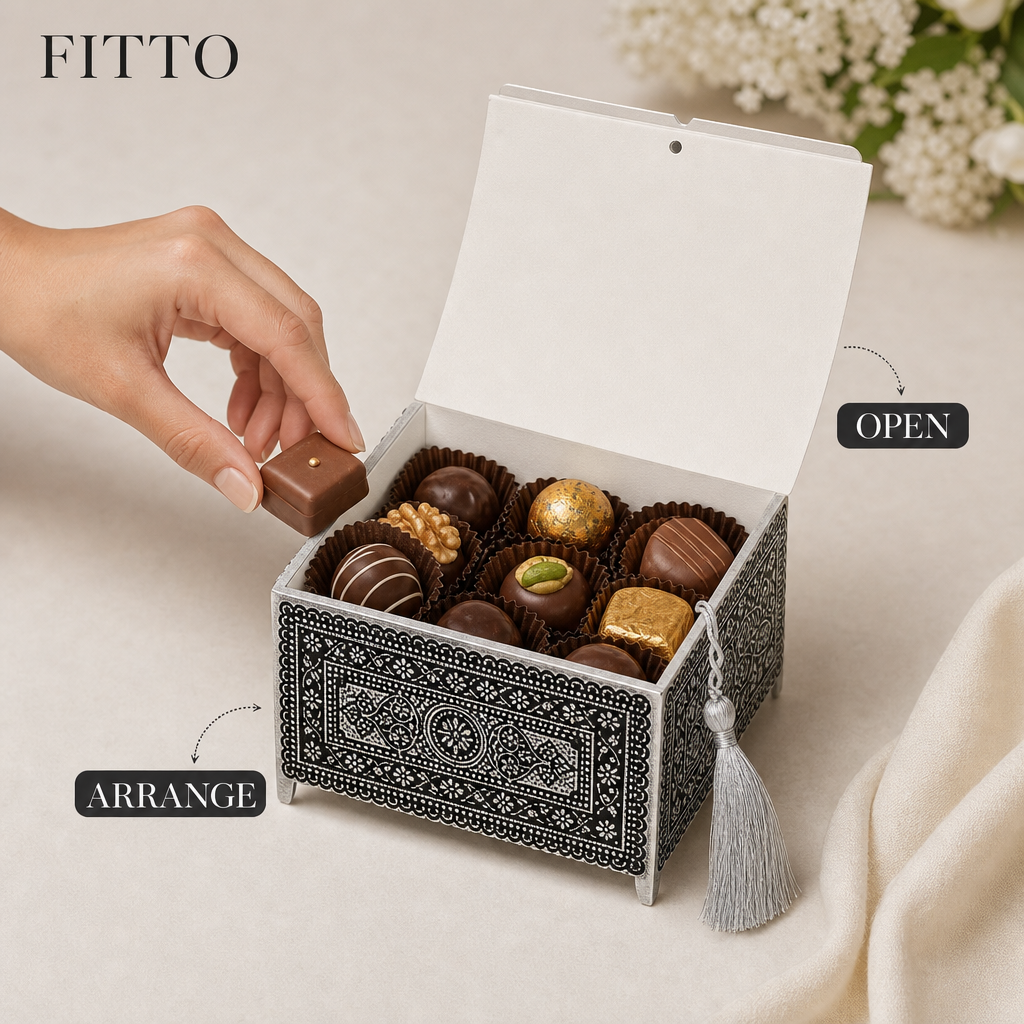 240 Pieces Decorative Chocolate Box with Ornate Pattern and Tassel, Black and Silver, 12 x 12 x 6.5 cm, 1 Piece