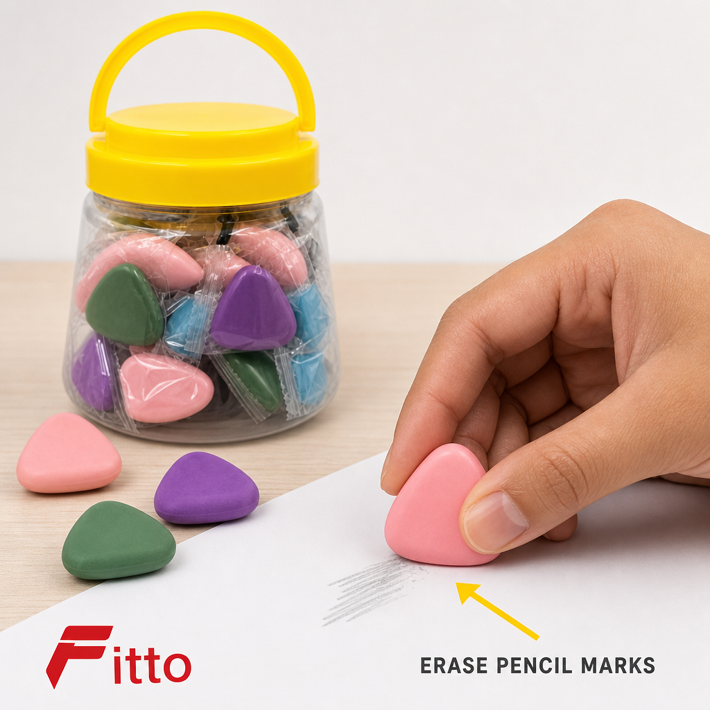 96 Pieces Triangular Pencil Erasers, Assorted Colors, Storage Jar with 20 Pieces