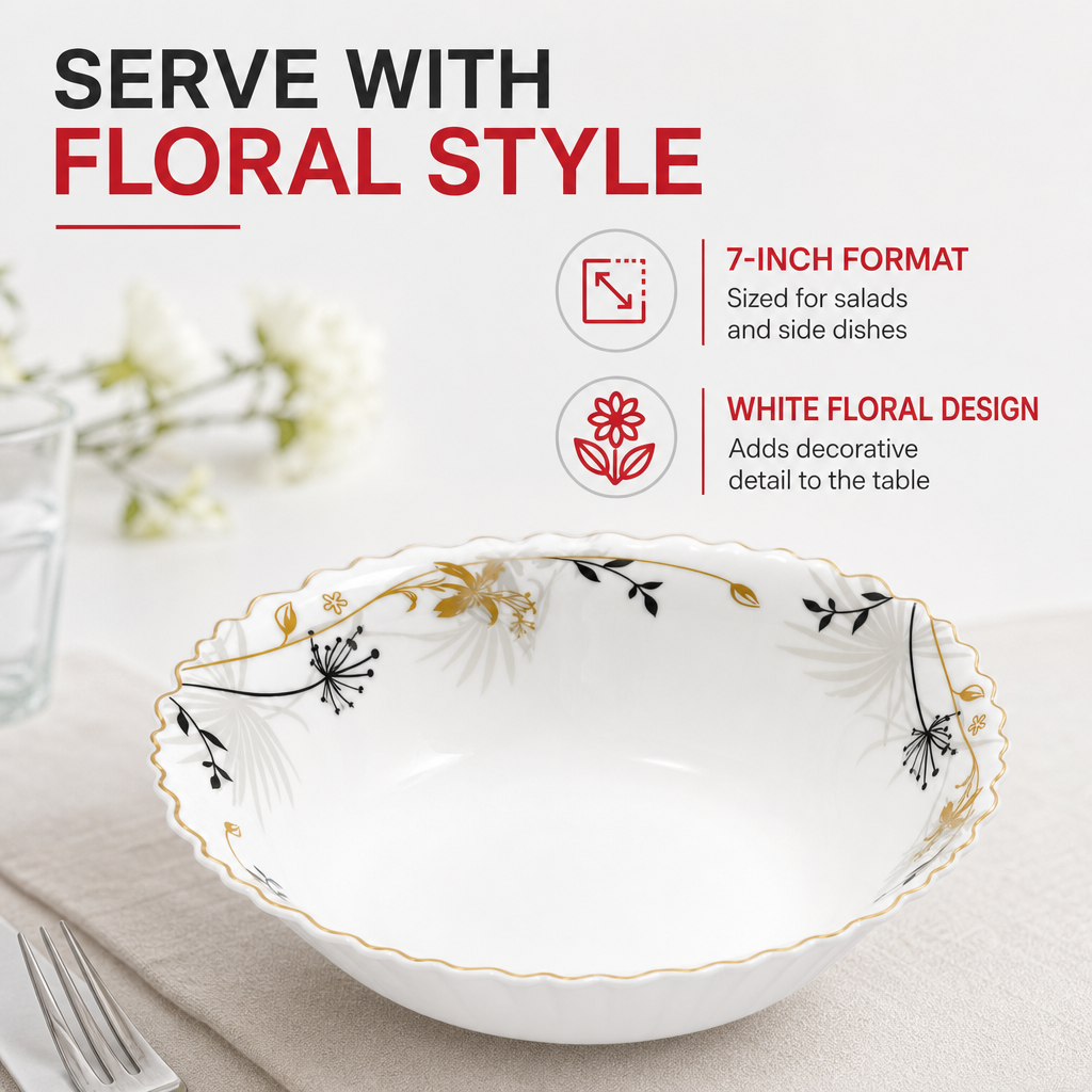 96 Pieces Opal Salad Bowl, 7 Inch, White Floral Serving Tablewares for Home Dining