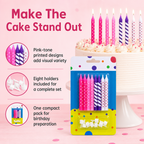 144 Pieces Birthday Candles, Pink-Tone Assorted Printed Set with 8 Holders, Cake Decoration Supplies