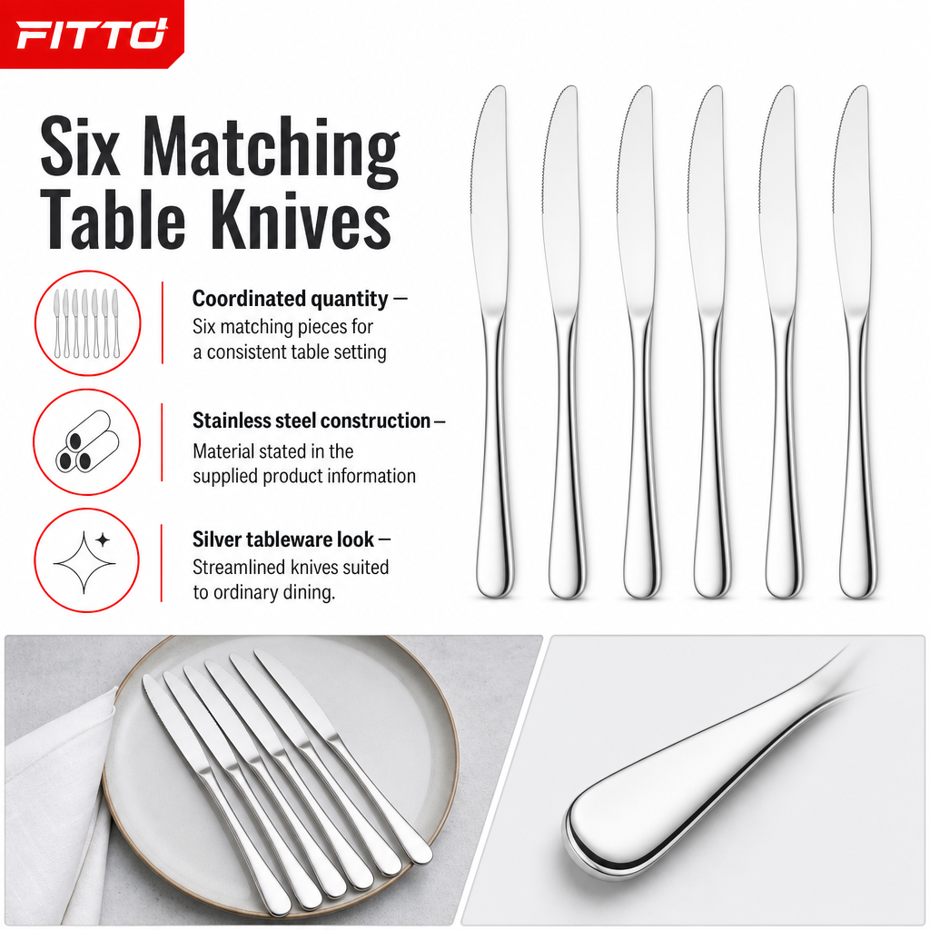 96 Pieces Stainless Steel Table Knife Sets, 6 Pieces, Silver Cutlery for Dining Tables and Everyday Meals