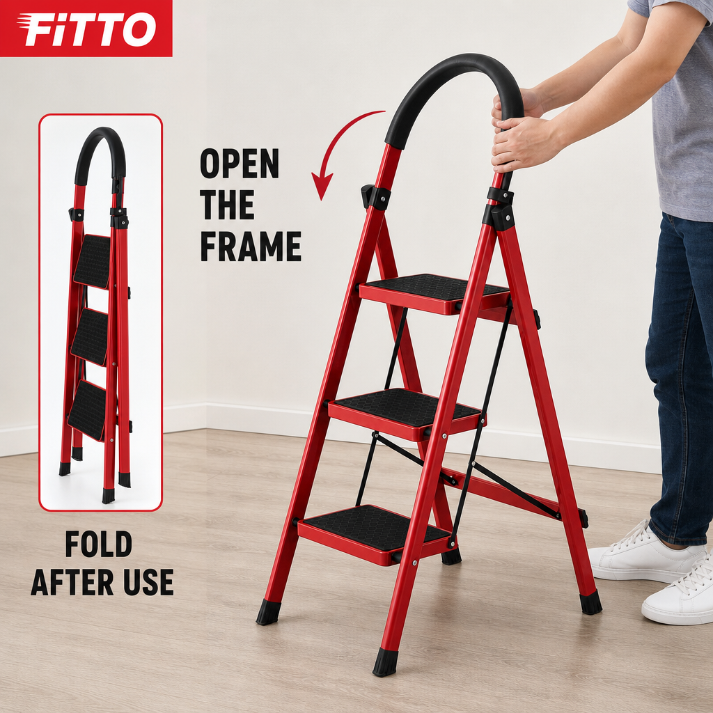 48 Pieces Red 3-Step Folding Metal Step Ladder, 110 x 42 cm, 1 Piece
