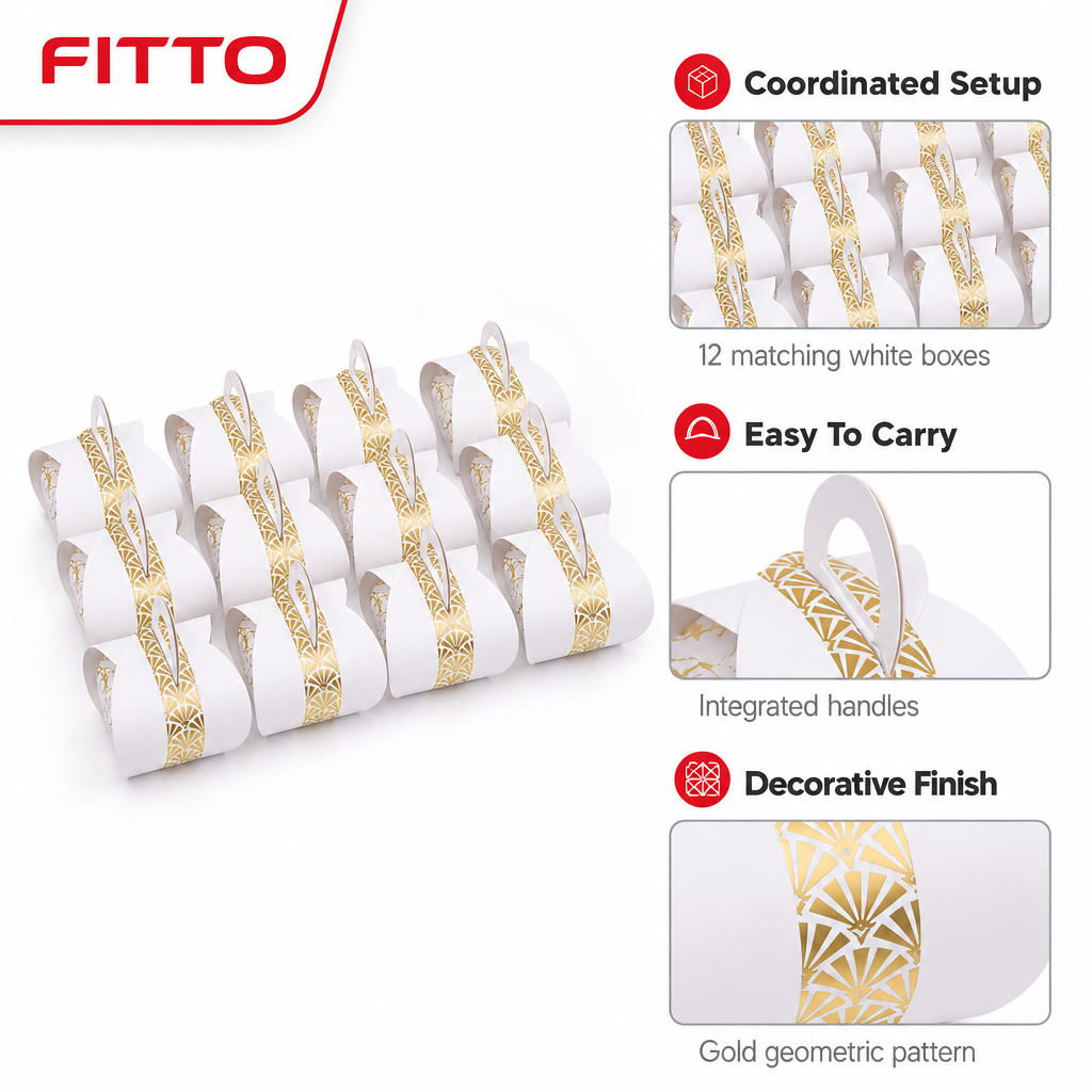 96 Pieces Candy Favor Boxes with Handle, White with Gold Pattern, 9.5 x 9.5 x 10 cm, 12 Pieces