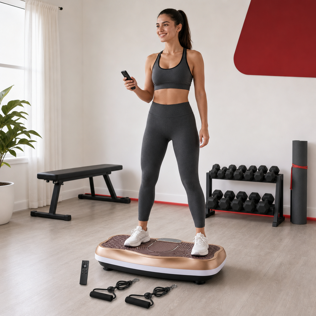 48 Pieces Large Vibration Exercise Platforms with Resistance Bands and Remote, Gold, 81.5 x 48 x 19 cm