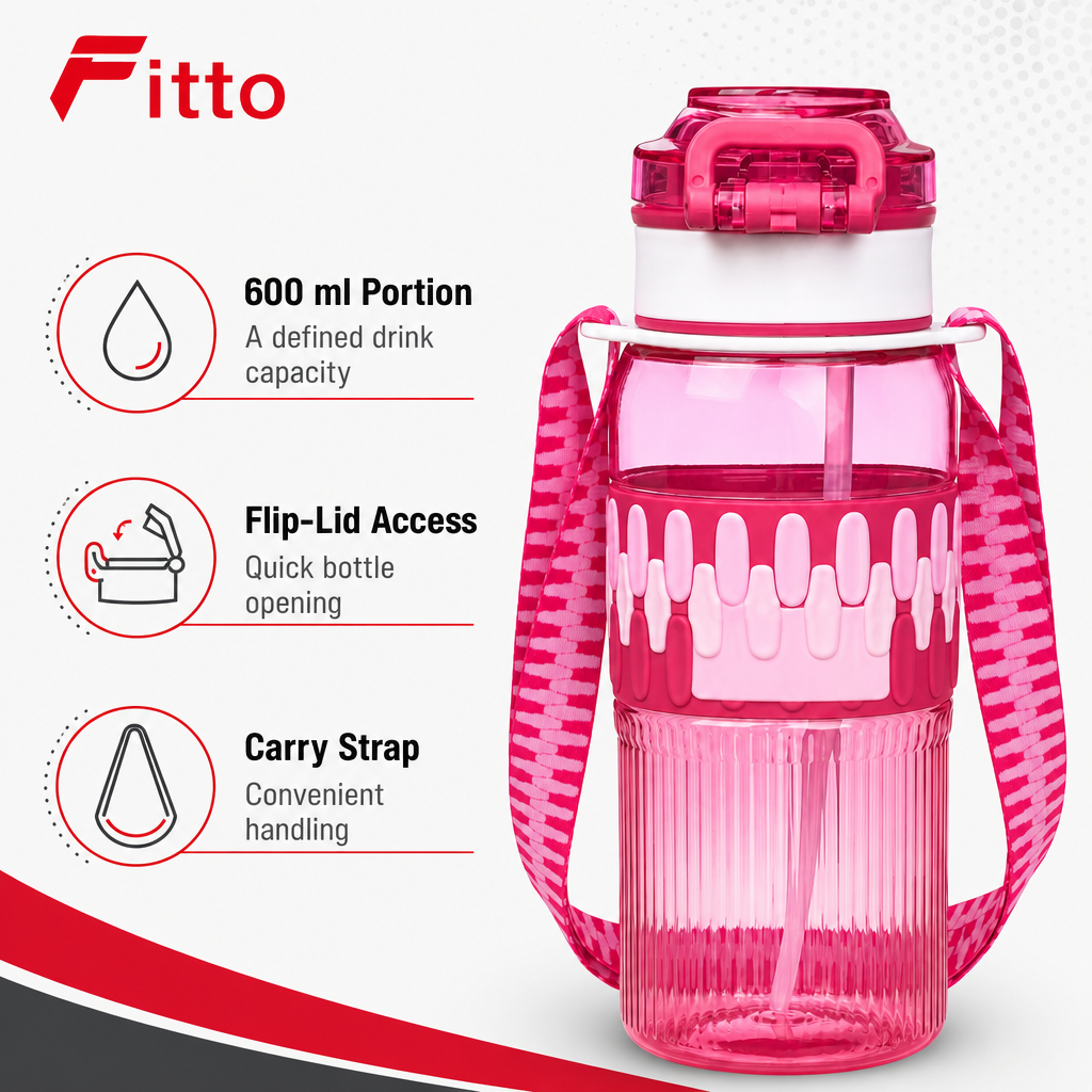 96 Pieces Sports Water Bottles with Flip Lid and Carry Strap, Pink Printed Design, 600 ml
