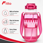96 Pieces Sports Water Bottles with Flip Lid and Carry Strap, Pink Printed Design, 600 ml