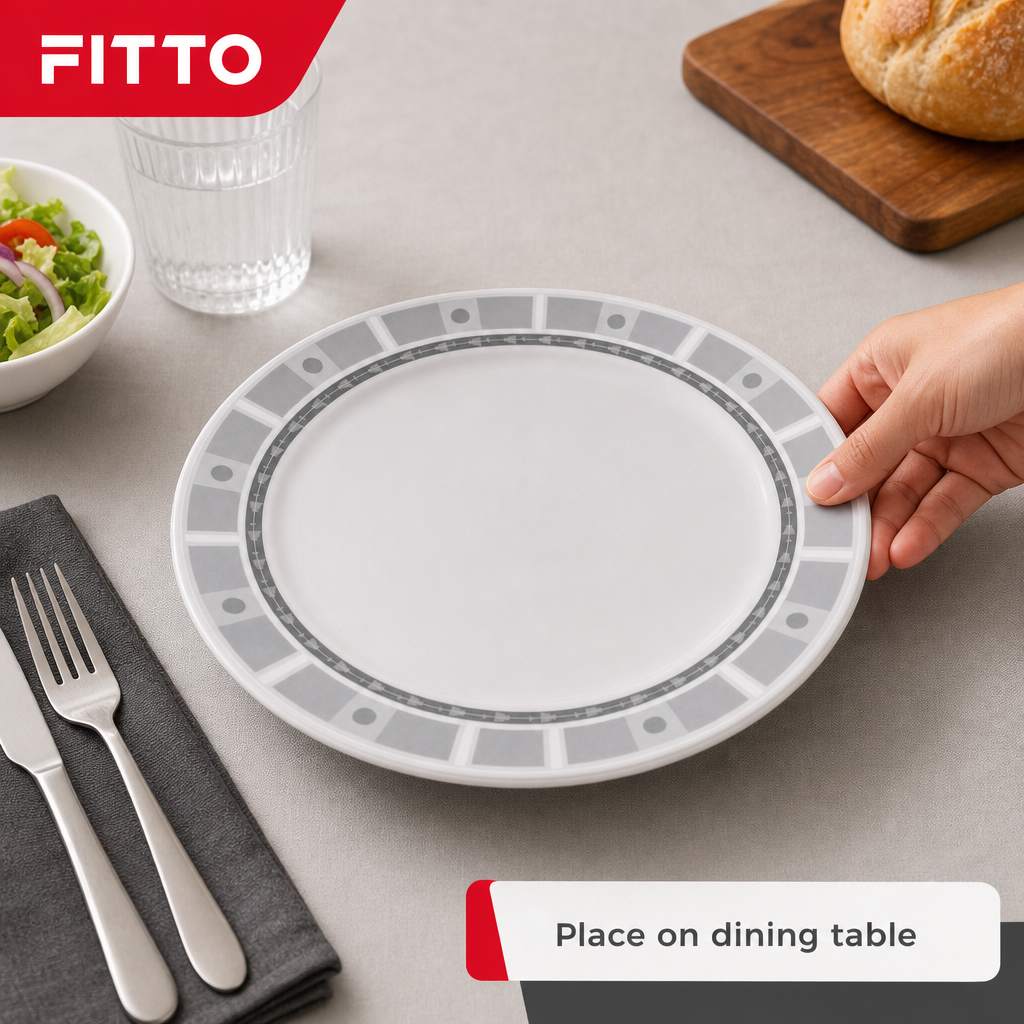 96 Pieces Melamine Dinner Plate, 11 Inch Round Plate with Grey Geometric Border, Single Piece Tablewares