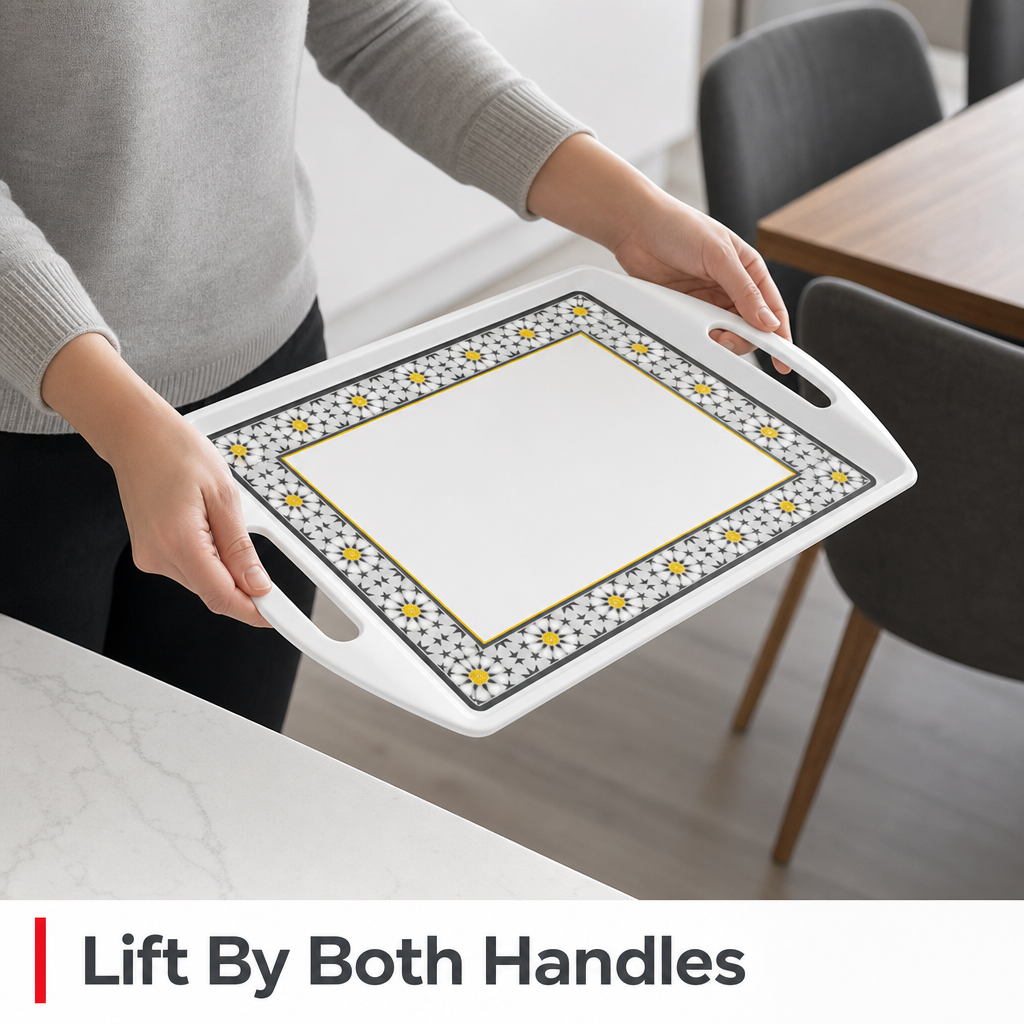 60 Pieces Melamine Rectangular Serving Trays with Dual Handles, 24 Inch, White Grey with Yellow Accents