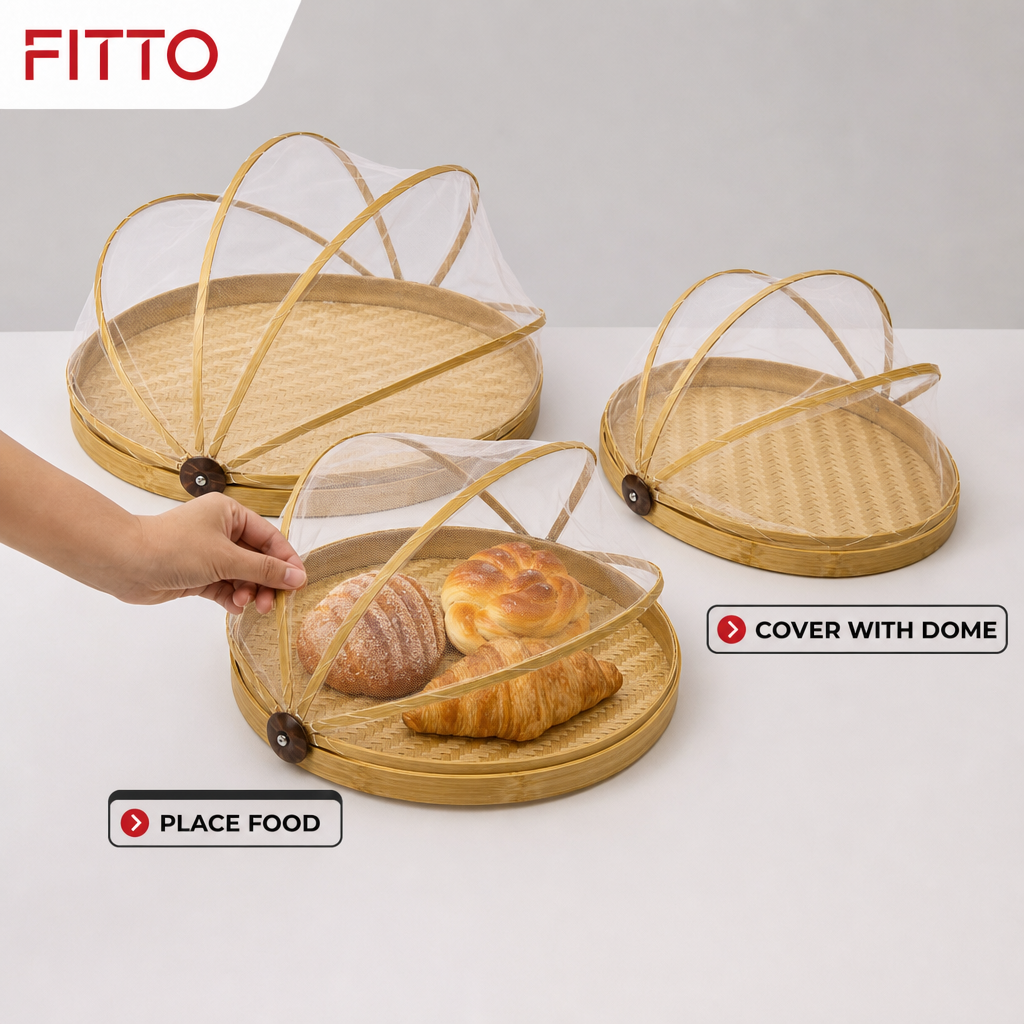 48 Pieces Round Woven Food Cover Tray Set with Mesh Domes, 3 Pieces, 35 cm, 30 cm and 25 cm