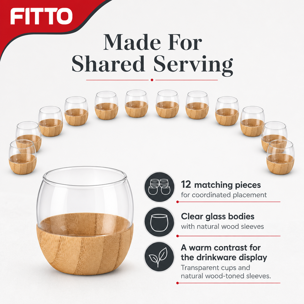 48 Pieces Glass Tea Cup Set with Wooden Sleeves, Clear and Natural Wood, 12 Pieces