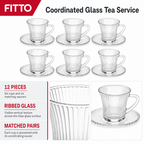 60 Pieces Ribbed Clear Glass Tea Cup and Saucer Set, 12 Pieces