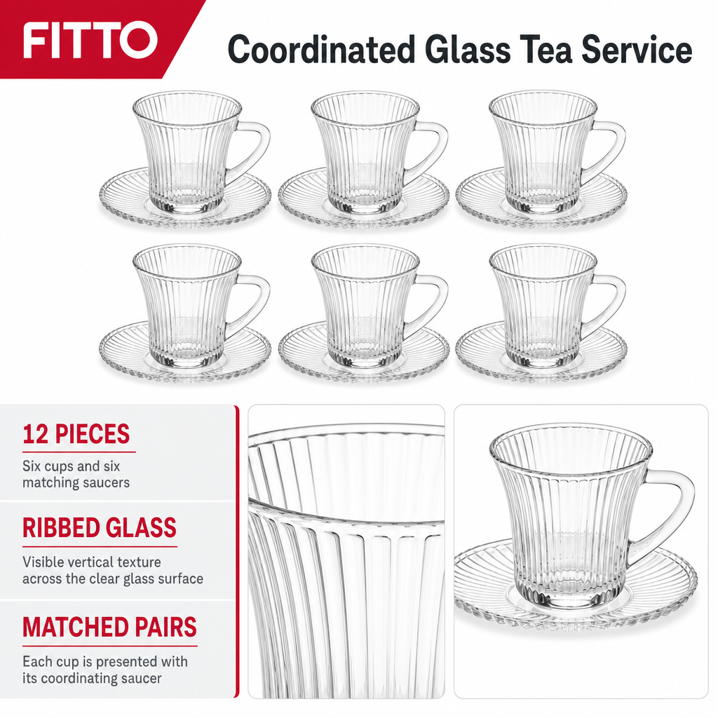 60 Pieces Ribbed Clear Glass Tea Cup and Saucer Set, 12 Pieces