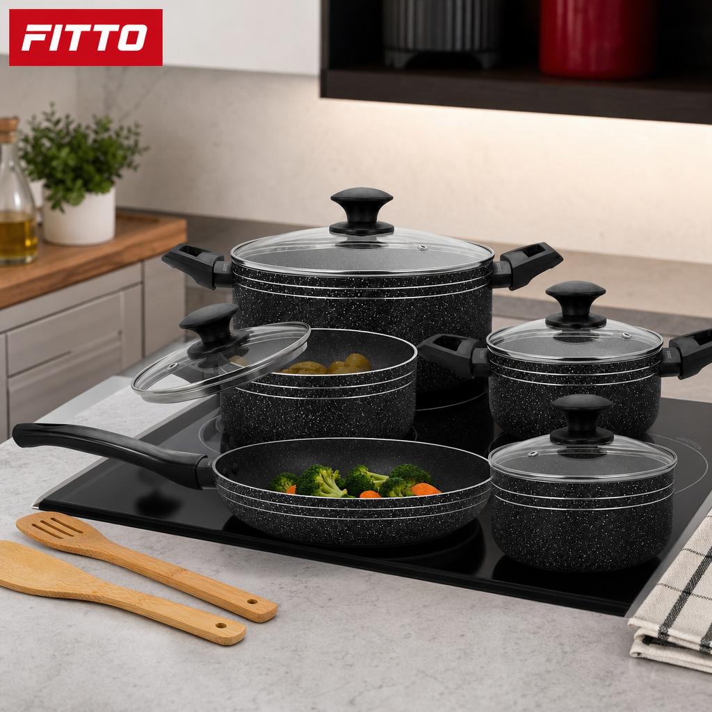 48 Pieces 9-Piece Non-Stick Cookwares Set with Glass Lids and Wooden Utensils, Black Granite