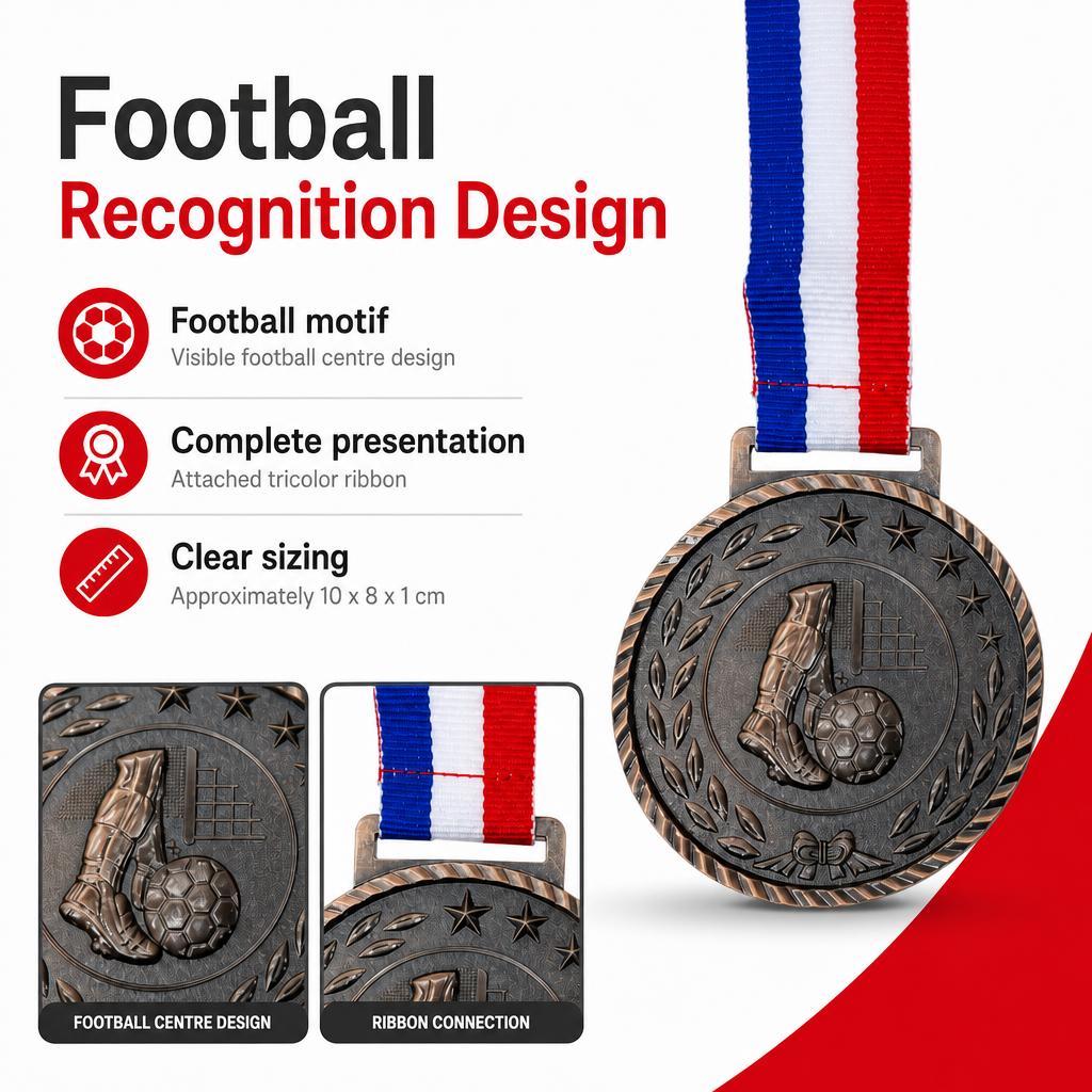 144 Pieces Football Sports Medal with Red White and Blue Ribbon, Bronze, 10 x 8 cm