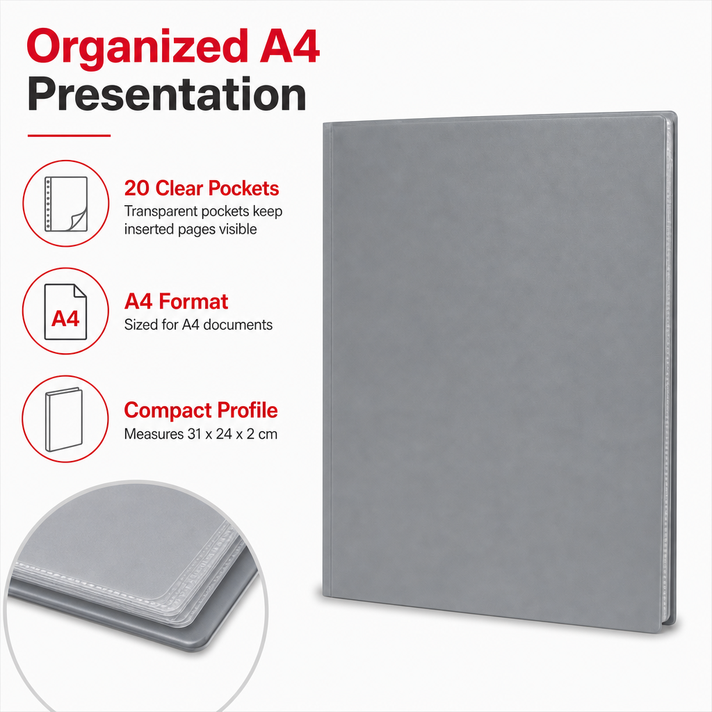 144 Pieces Grey A4 Display Book with 20 Clear Pockets, 1 Piece