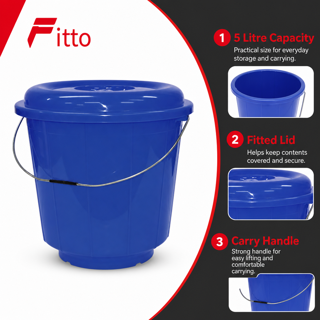 120 Pieces Plastic Household Buckets with Lid and Carry Handle, Blue, 5 Litre