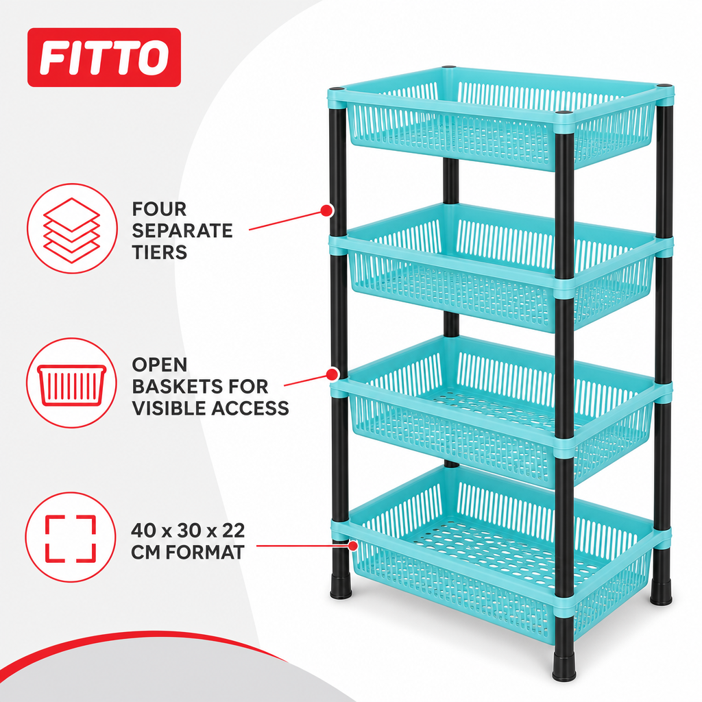 72 Pieces 4-Tier Plastic Storage Basket Rack, Aqua Blue, 40 x 30 x 22 cm
