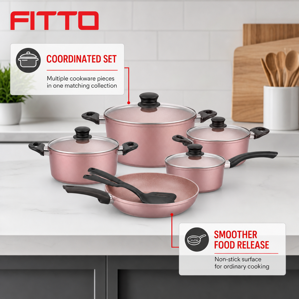 48 Pieces 11-Piece Non-Stick Cookwares Set, Peach Blossom Colour for Everyday Cooking