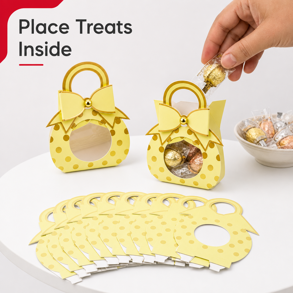96 Pieces Yellow Handbag-Shaped Candy Favor Boxes with Bow, 9.5 x 4.3 x 13.2 cm, 12 Pieces