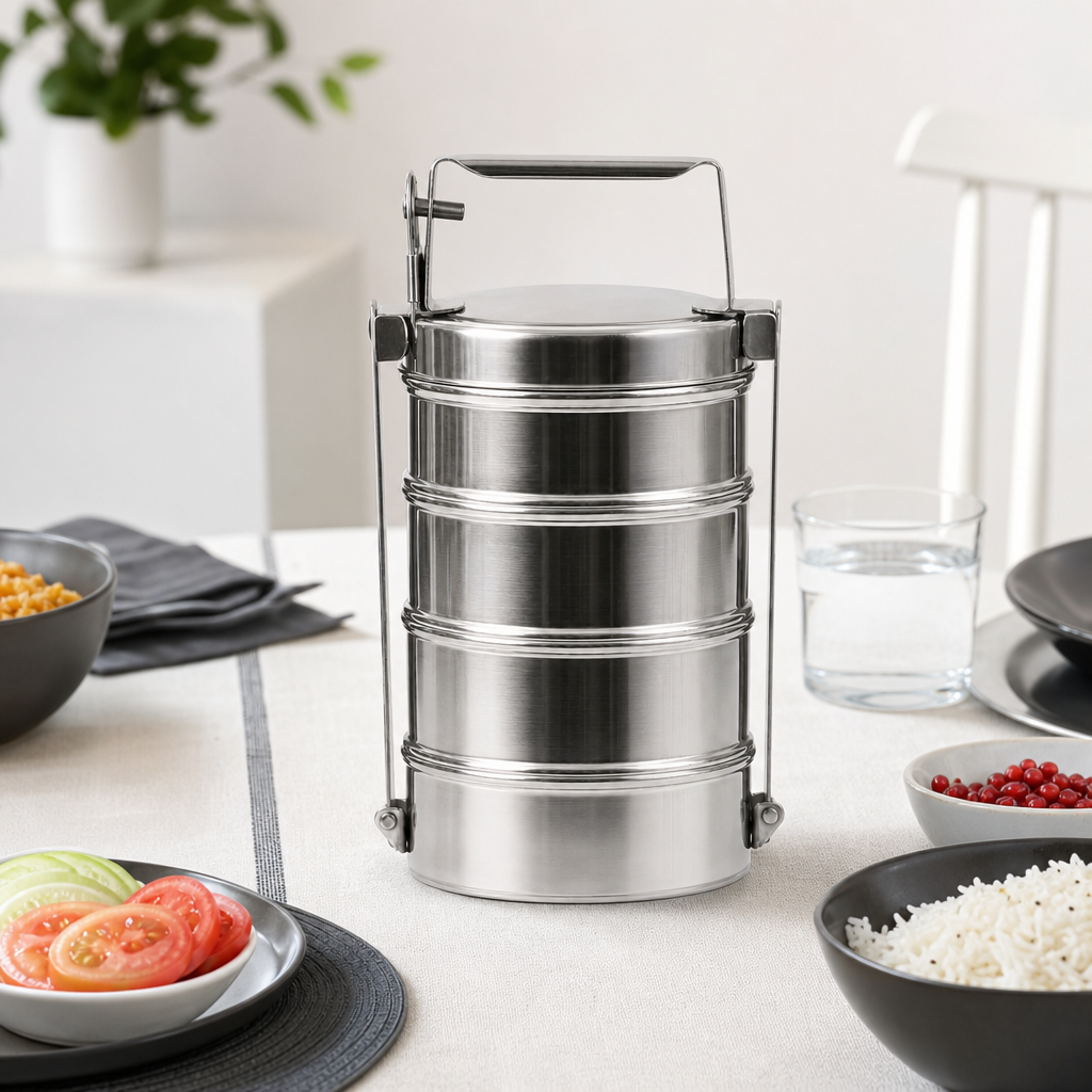 96 Pieces Four-Tier Stainless Steel Tiffin Lunch Box with Carry Handle, Silver Food Storage Containers