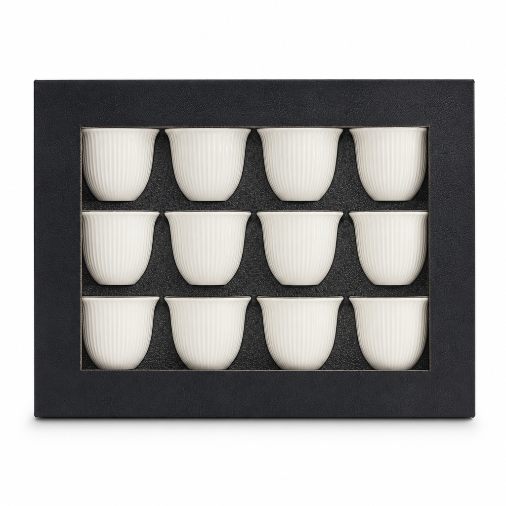 96 Pieces Ceramic Cup Set, White, 12 Pieces, Ribbed Drinkware for Home Dining