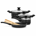 48 Pieces 9-Piece Non-Stick Cookwares Set with Glass Lids and Wooden Utensils, Black Granite