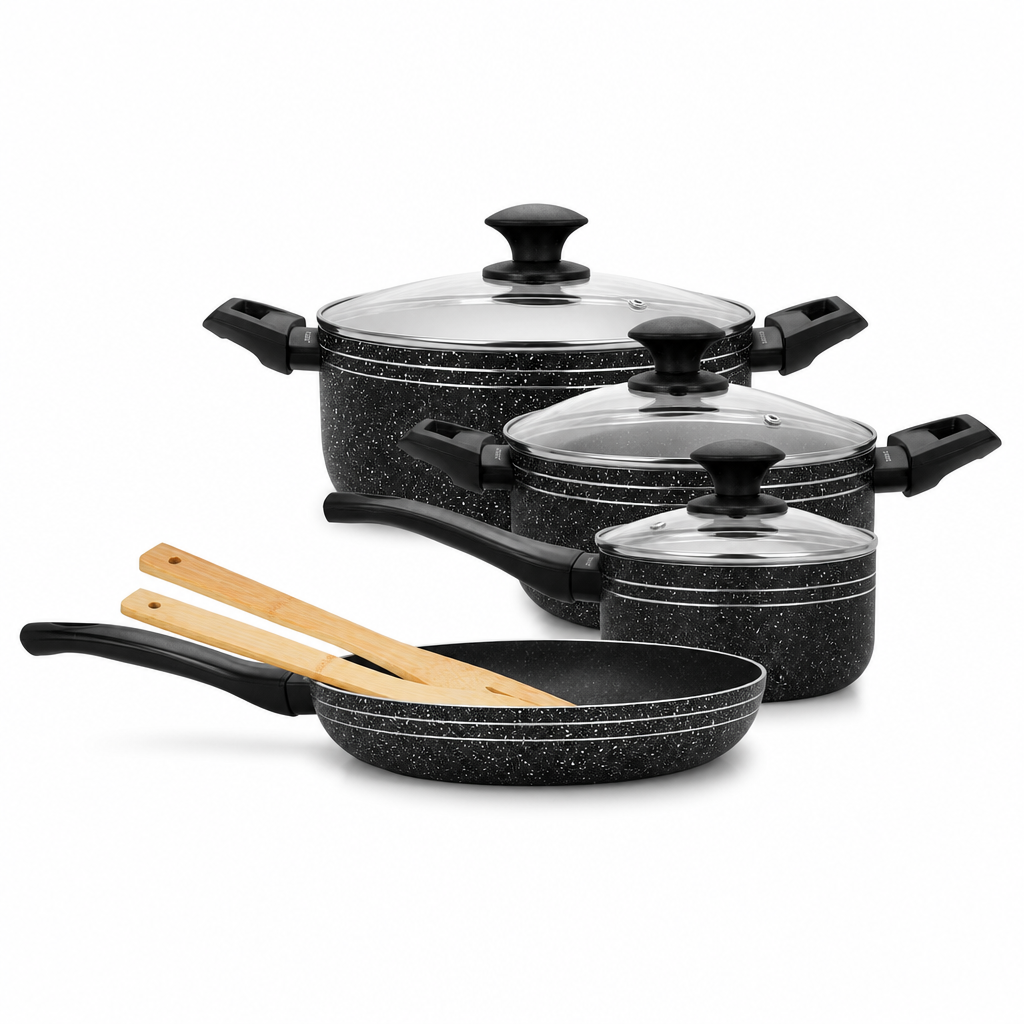 48 Pieces 9-Piece Non-Stick Cookwares Set with Glass Lids and Wooden Utensils, Black Granite