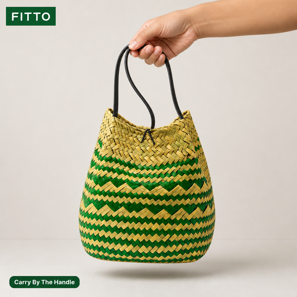 72 Pieces Handwoven Natural Fiber Bucket Handbags, Yellow and Olive Striped Design, 22 x 18 x 14 cm