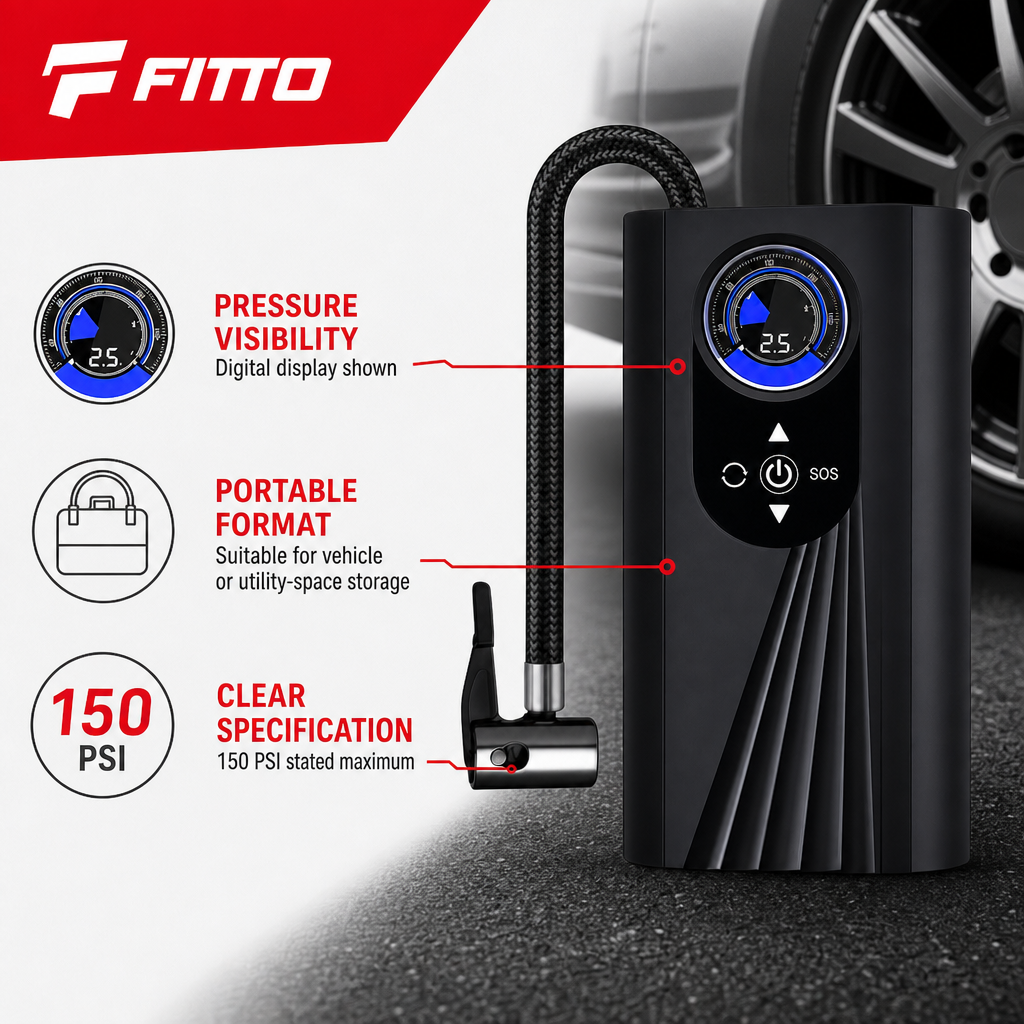 72 Pieces Portable Tyre Inflators, 150 PSI With Digital Display, Black, 1 Piece