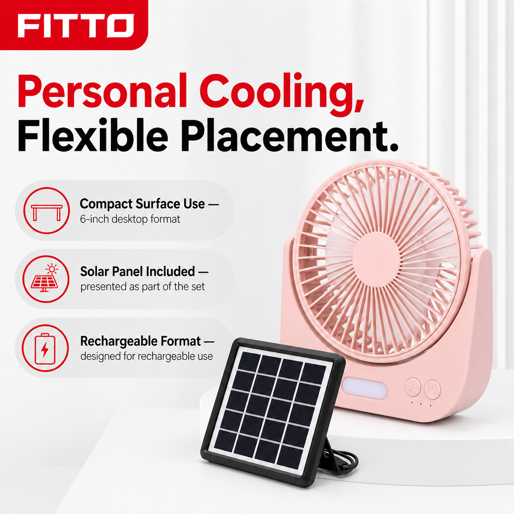 72 Pieces Rechargeable Solar Desktop Fan with Solar Panel, 6 Inch, Pink, 1 Piece