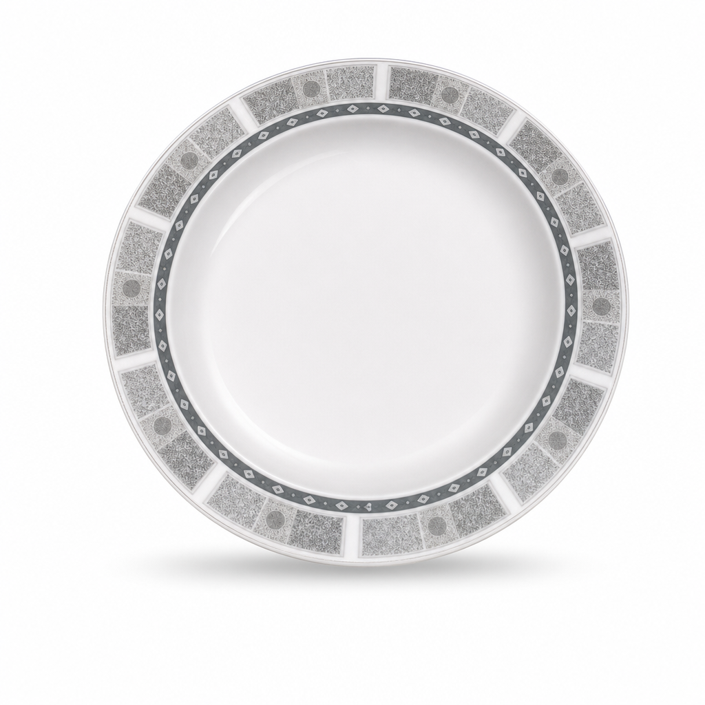 120 Pieces Soup Plate, 9 Inch, Grey With Geometric Border, Round Tablewares Dish