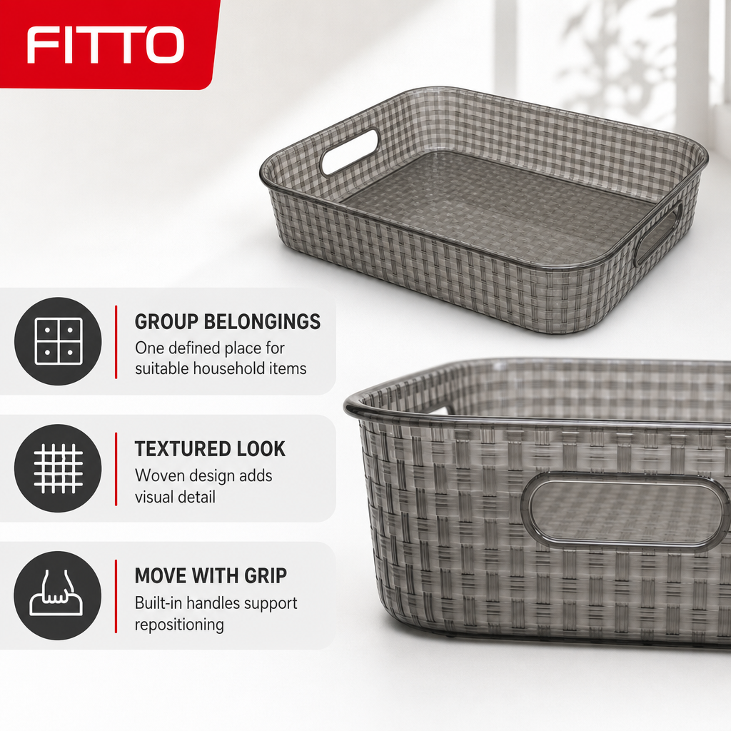 96 Pieces Rectangular Storage Basket, Smoky Grey Plastic Woven Design with Built-In Handles, 45 x 35 x 11 cm